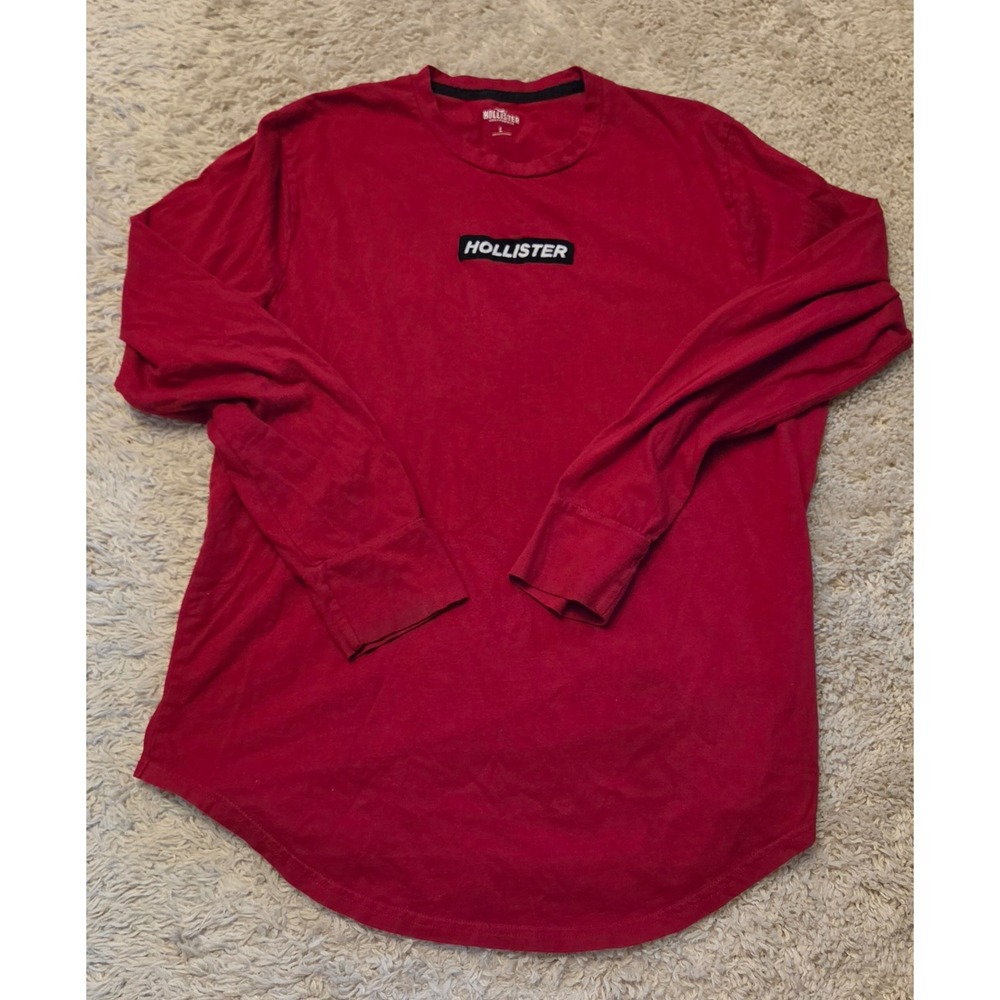Hollister Logo Long Sleeve Crewneck T-Shirt Men's Size Large Red Spell Out